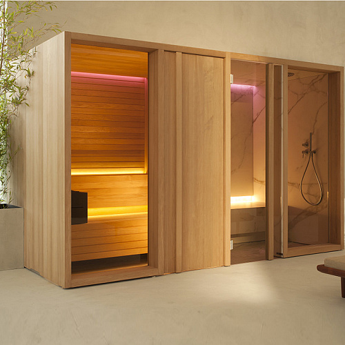 Effegibi Yoku SH Door Сауна&Хаммам 342x170х214см, пристенная, цвет: чёрный орех/Calacatta Gold Extra